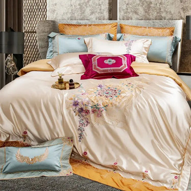 Champagne Gold European Palace Flowers Embroidered
Egyptian Cotton Bedding Set